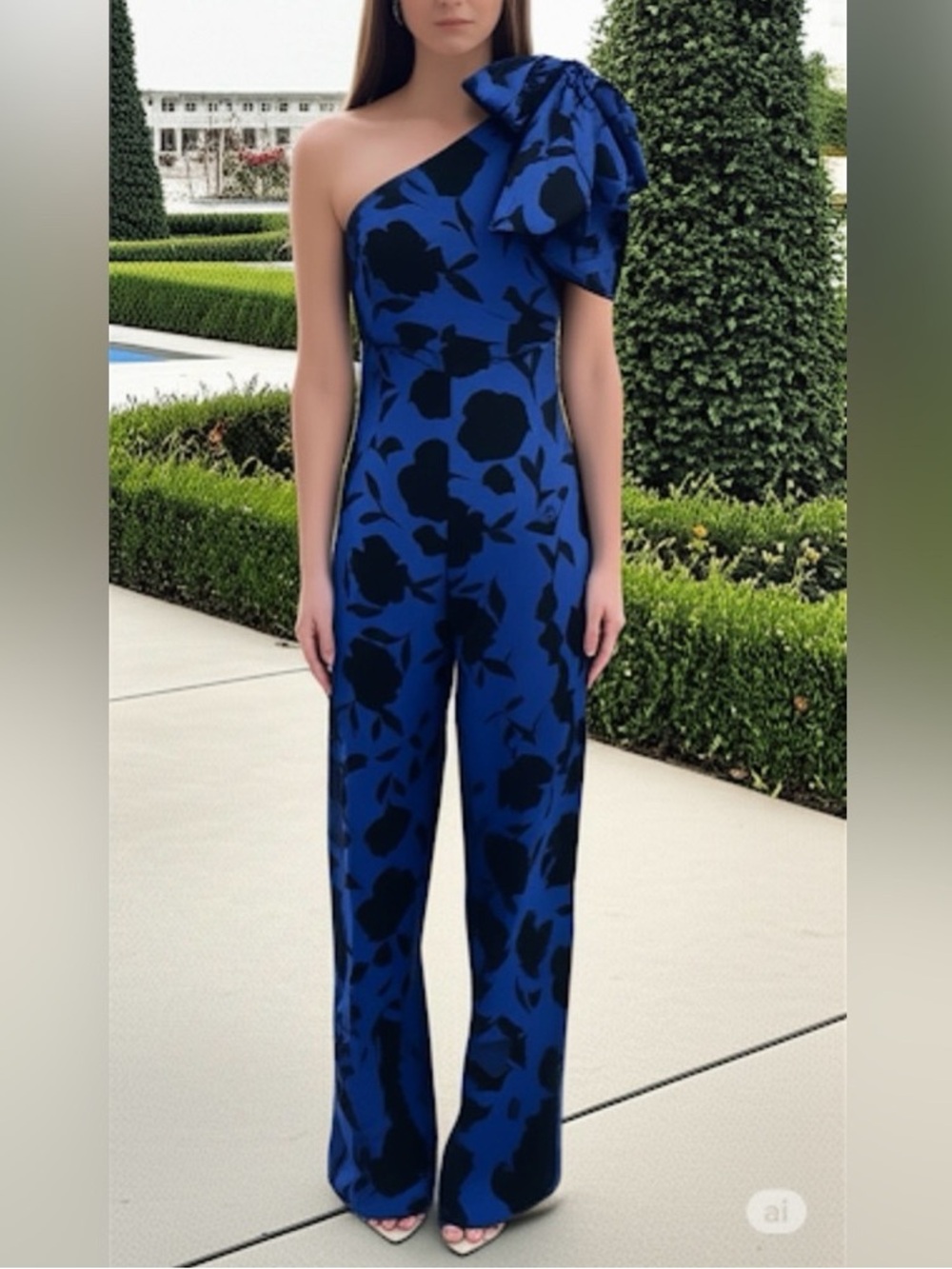 One-Shoulder Royal Blue Floral Jumpsuit with Statement Bow